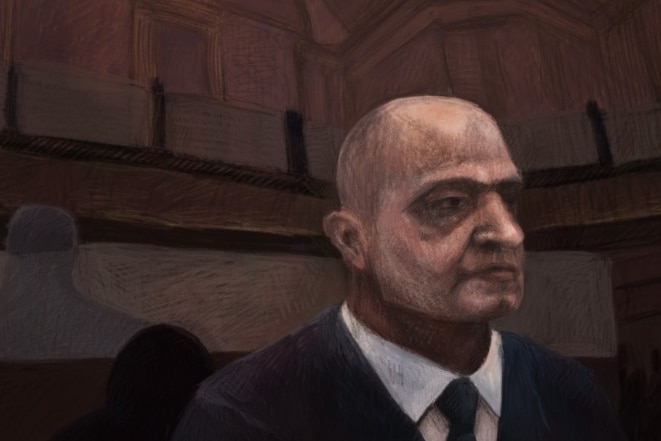 A sketch of a man in a black suit and tie sitting in court.