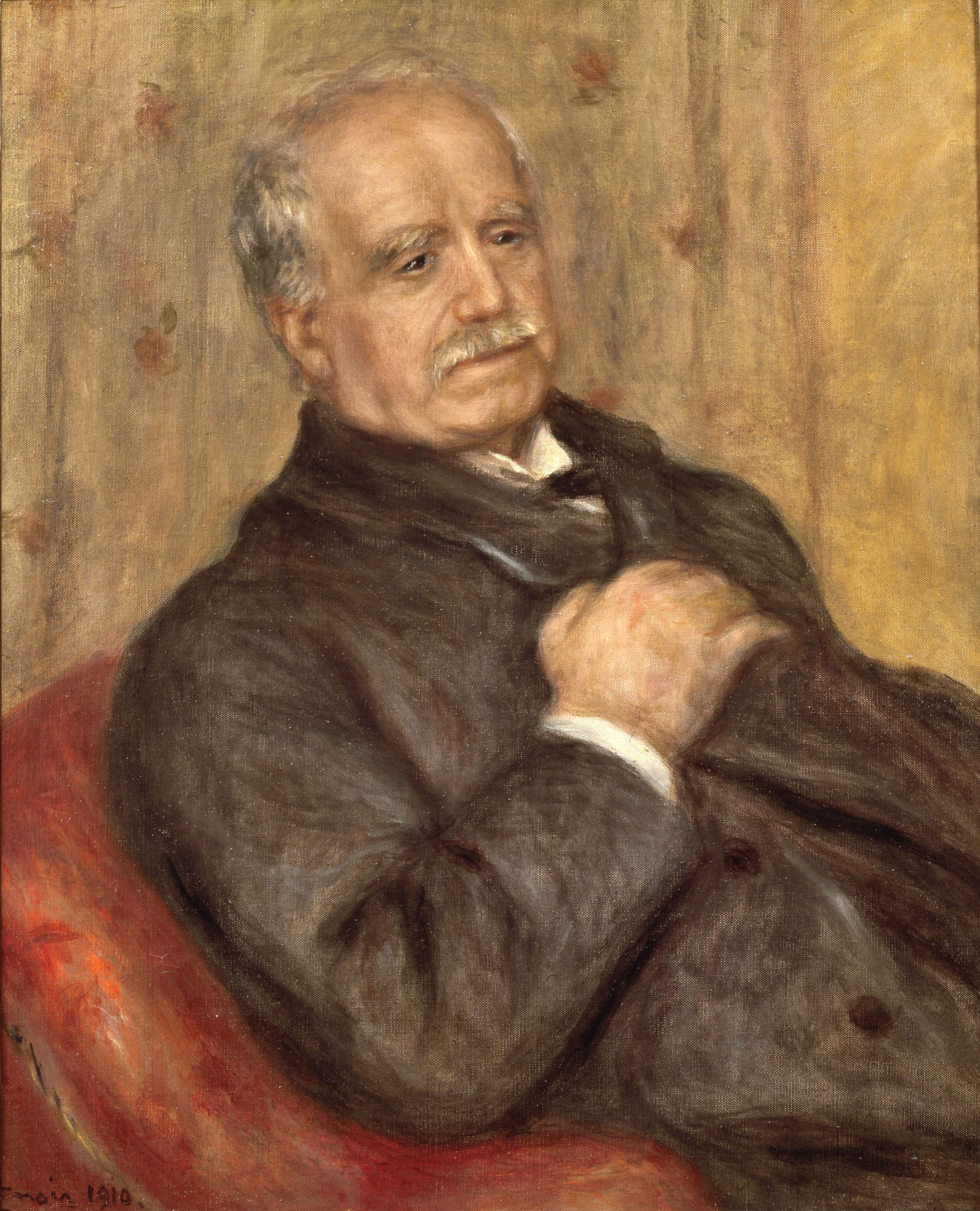 A portrait of Paul Durand-Ruel by Pierre-Auguste Renoir, showing a silver-haired man sitting in a red chair.