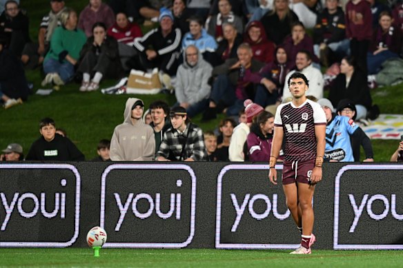 Javon Andrews lines up a kick for Queensland in last year’s under-19s State of Origin game.