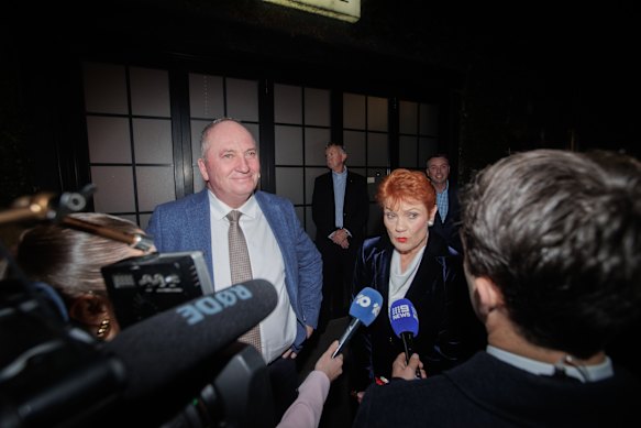 Barnaby Joyce and Pauline Hanson talk to reporters outside a One Nation fundraising function in Melbourne last month.