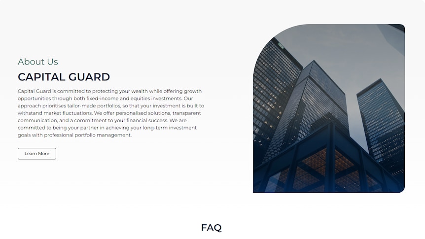 A screengrab of a website describes what Capital Guard does next to a stock image of high rise buildings.