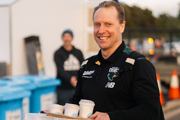 Matthew Knights does his beloved coffee run with the Tasmania Devils.