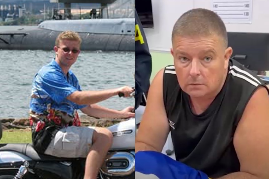 A collage of a younger Simon Carman next to an image of him after his arrest.