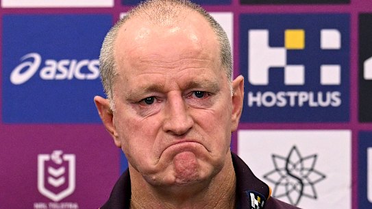 BRISBANE, AUSTRALIA - MARCH 12: Head Coach Michael Maguire of the Broncos looks dejected as he speaks at a post match press conference after the round two NRL match between Brisbane Broncos and Parramatta Eels at Suncorp Stadium, on March 12, 2026, in Brisbane, Australia. (Photo by Bradley Kanaris/Getty Images)