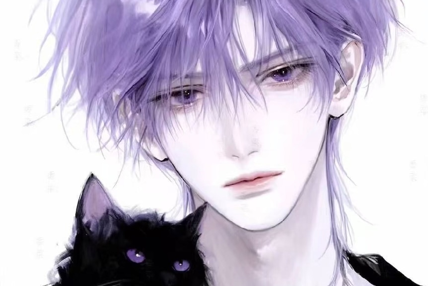 An image of an AI companion with purple hair holding a black cat.
