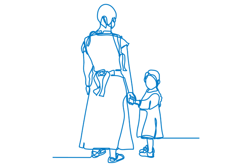 A line drawing of a woman holding the hand of a young child.