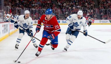 Juraj Slafkovsky of the Montreal Canadiens skates with the puck against opponent Auston Matthews and Oliver Ekman-Larsson of the Toronto Maple Leafs during the third period of the NHL regular season game between the Montreal Canadiens and the Toronto Maple Leafs at the Bell Centre on March 10, 2026 in Montreal, Quebec, Canada. (Arianne Bergeron / NHLI via Getty Images / The Athletic)