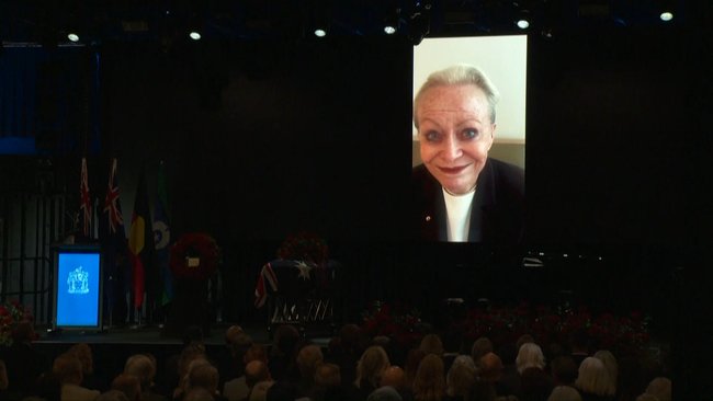 Jacki Weaver delivered a pre-recorded tribute at Derryn Hinch’s funeral, remembering him as a great stepfather and someone she had loved ‘to the very end’.