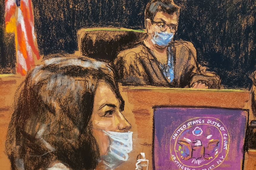 Sketch of a woman standing trial in the court room, with the judge in the background.