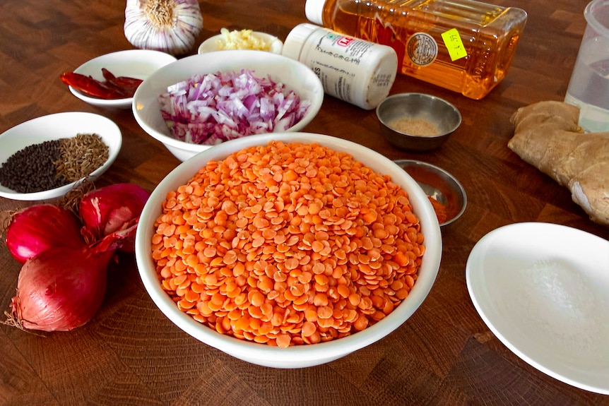 Bowls of ingredients, including red lentils, chopped onion, chilli, oil and spices, on a bench