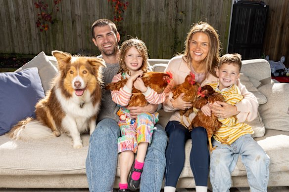 Former Western Bulldogs captain Easton Wood, 10 years on from the Dogs’ flag and five years since he hung up the boots. With his wife Tiff, kids Tilly and Freddy, dog Murphy (named after Bob), and their three chickens (Chickeny, Aimme and Pearl. 