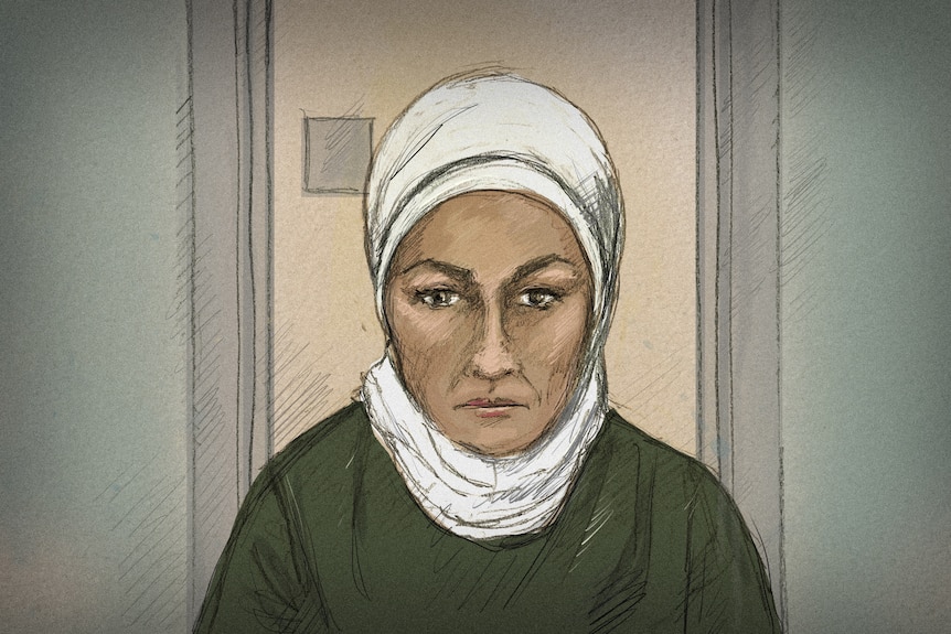 Illustration of woman in white head covering and dark green top with beige background