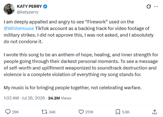Katy Perry shared a post on social media in response. 
