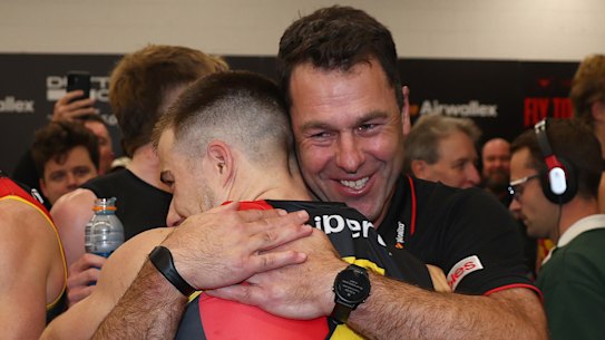 Pumped: Dean Solomon with Zach Merrett.