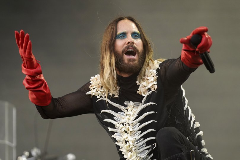 Jared Leto performing with Thirty Seconds to Mars at the 2023 Lollapalooza Music Festival.