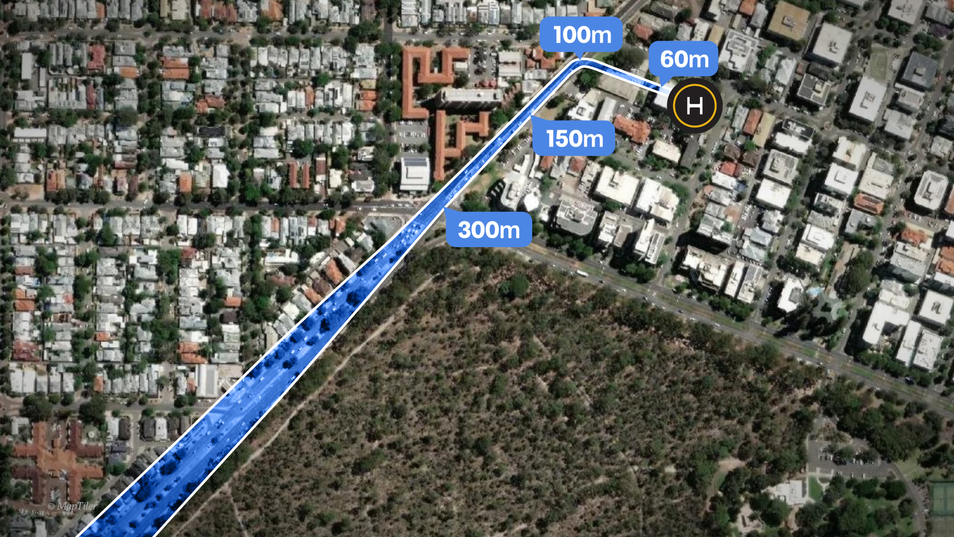 A map shpwing a flight path down Thomas Street, turning onto Ord Street.