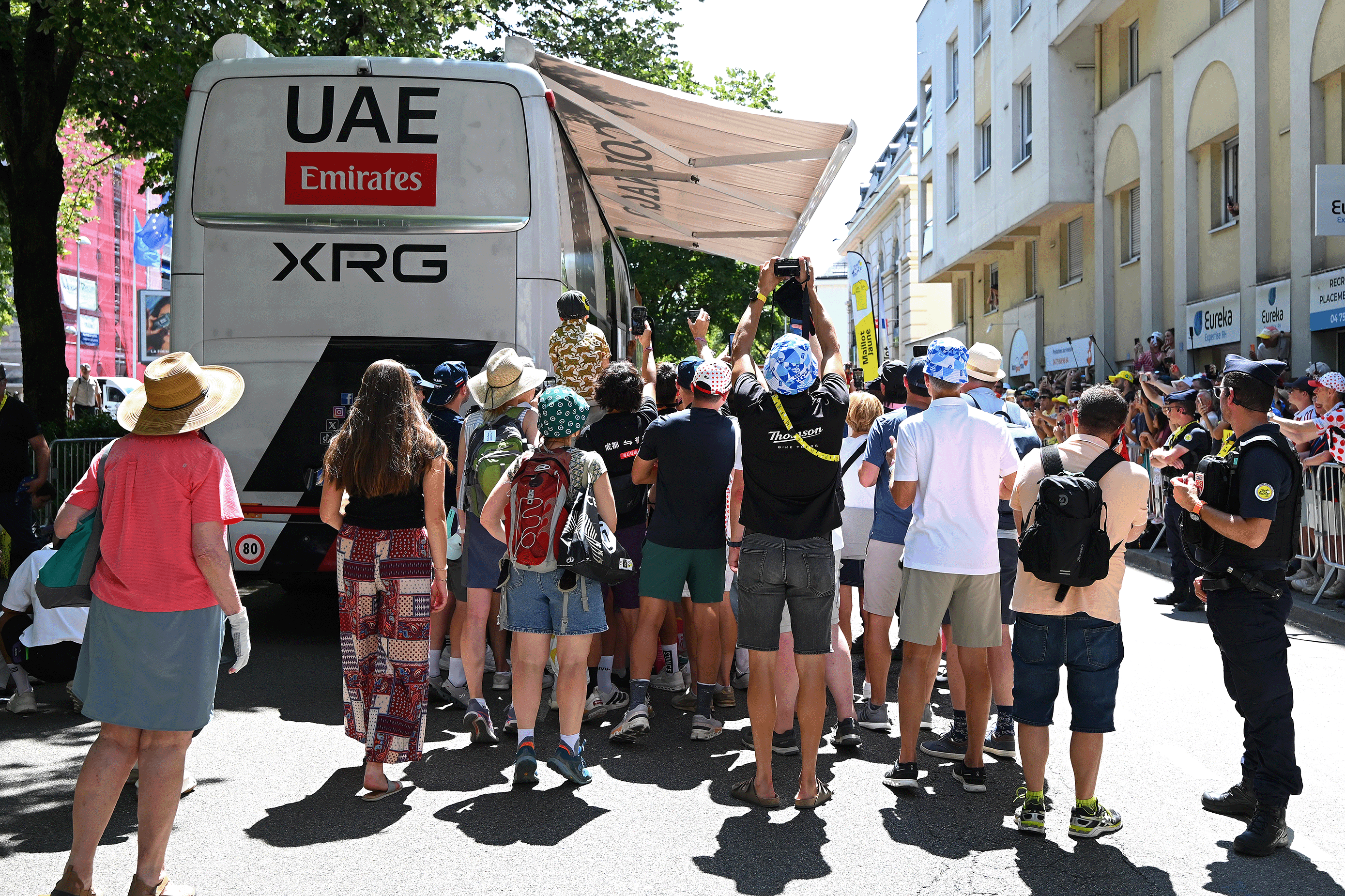 CHAMBERY, FRANCE - JULY 22: Fans at the paddock of UAE Team Emirates - XRG prior to the 113th Tour de France 2026, Stage 17 a 174.7km stage from Chambery to Voiron / #UCIWT / on July 22, 2026 in Chambery, France. (Photo by Tim de Waele/Getty Images)