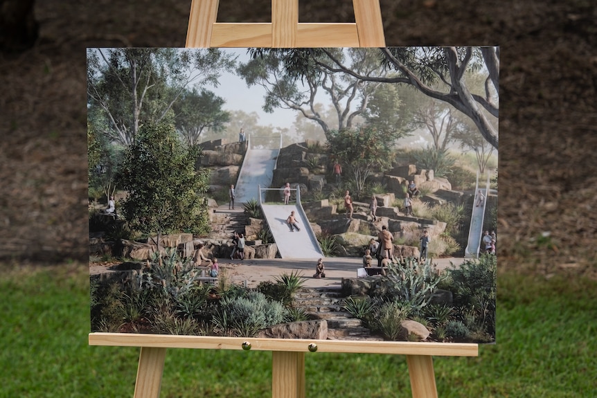 A future plan on an easel depicting a child's park in a golf course.