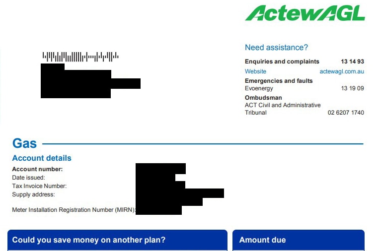 An ActewAGL bill with its logo, some details blacked out and the section titled "could you save money".
