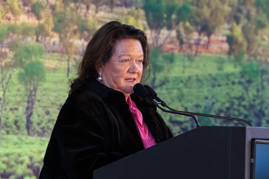 Gina Rinehart speaking into a micorphone in front of a backgorund with trees and grass.