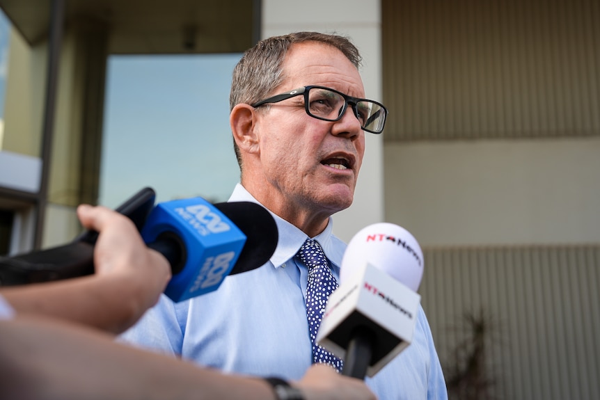 Federal Labor MP speaking into media microphones outside a courthouse.