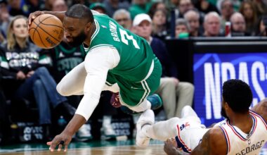 The trade of Jaylen Brown to the 76ers for Paul George (right) potentially trips up the Celtics for the next two seasons.