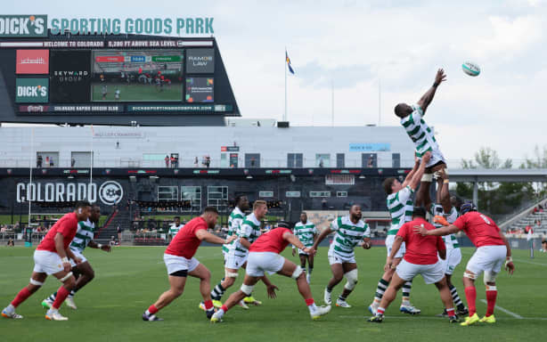 COMMERCE CITY, COLORADO - JULY 4: Godfrey Muzanargwo #5 of Zimbabwe catches a line out during the first half against Tonga at Dick's Sporting Goods Park on July 4, 2026 in Commerce City, Colorado. (Photo by C. Morgan Engel - World Rugby/World Rugby via Getty Images)