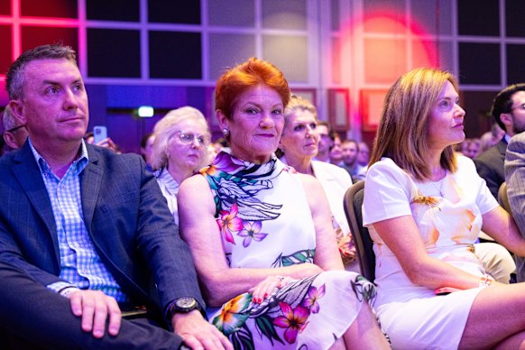 One Nation leader Pauline Hanson with chief of staff James Ashby (left) at CPAC Great Britain 2026.