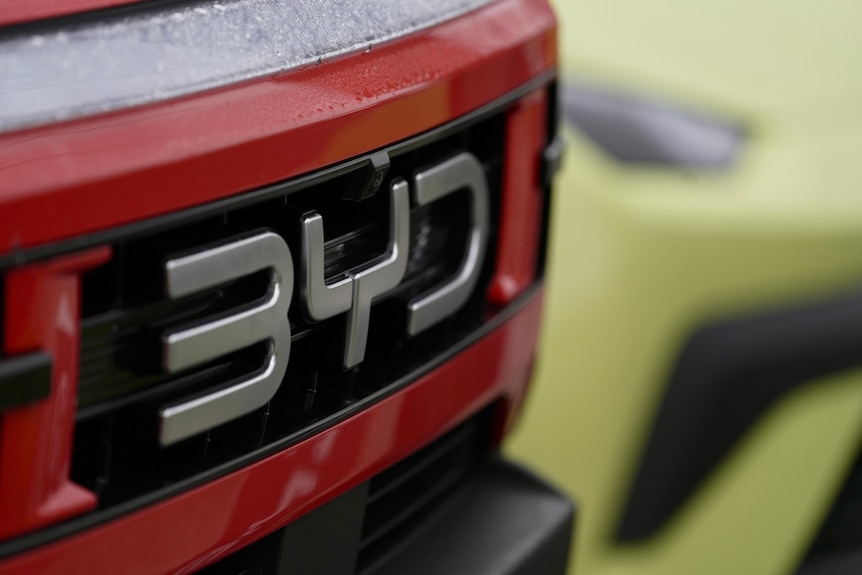 Close up of a BYD logo on a red vehicle.