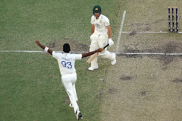 Jasprit Bumrah gets Nathan McSweeney for a duck in Perth in 2024.