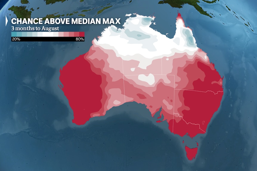A red weather map of Australia