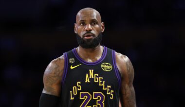 LOS ANGELES, CALIFORNIA - MAY 11: LeBron James #23 of the Los Angeles Lakers looks on against the Oklahoma City Thunder during the first quarter in Game Four of the Second Round of the NBA Western Conference Playoffs at Crypto.com Arena on May 11, 2026 in Los Angeles, California. NOTE TO USER: User expressly acknowledges and agrees that, by downloading and or using this photograph, User is consenting to the terms and conditions of the Getty Images License Agreement. (Photo by Luke Hales/Getty Images)