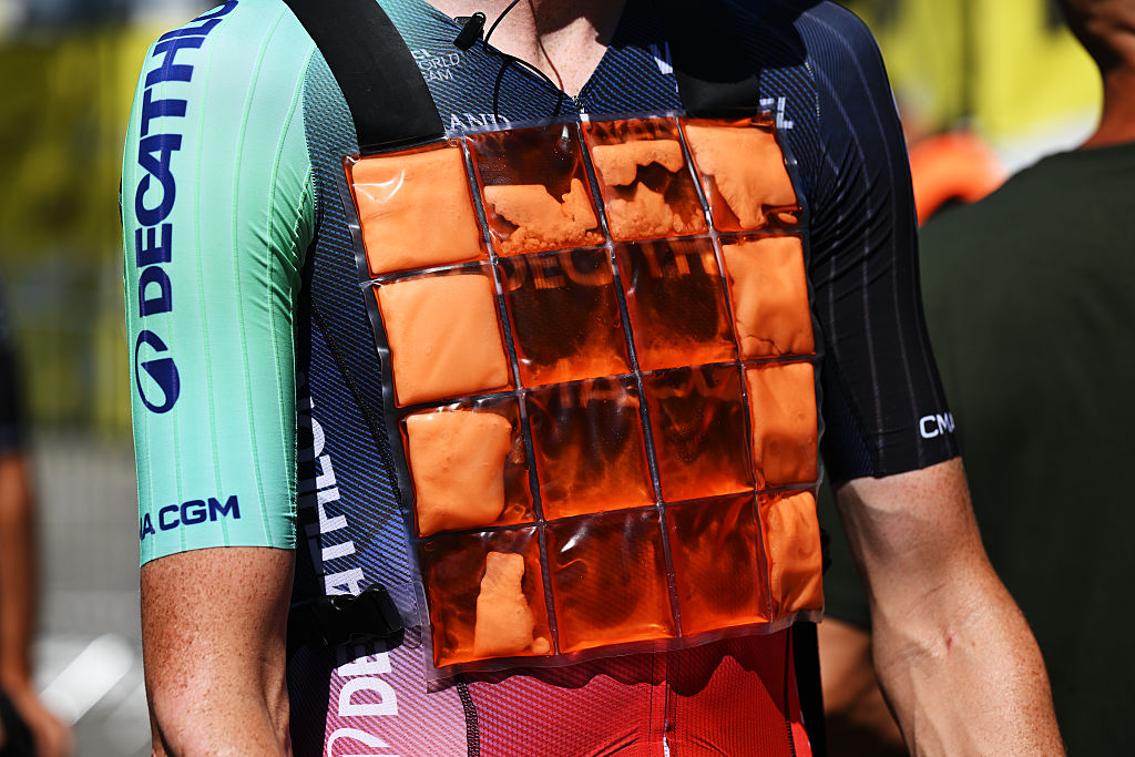 GRANOLLERS, SPAIN - JULY 06: A Decathlon CMA CGM Team rider wearing and ice vest prior to 113th Tour de France 2026, Stage 3 a 195.9km stage from Granollers to Les Angles 1801m / #UCIWT / on July 06, 2026 in Granollers, Spain. (Photo by Dario Belingheri/Getty Images)