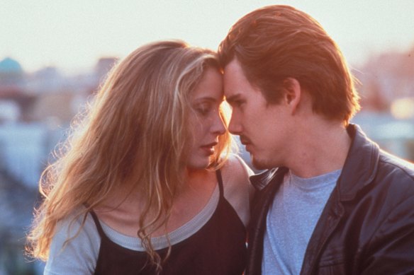 Julie Delpy and Ethan Hawke in <i>Before Sunrise</i>.