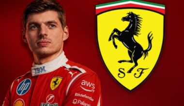 Max Verstappen is cropped in Ferrari teamwear next to a Ferrari logo