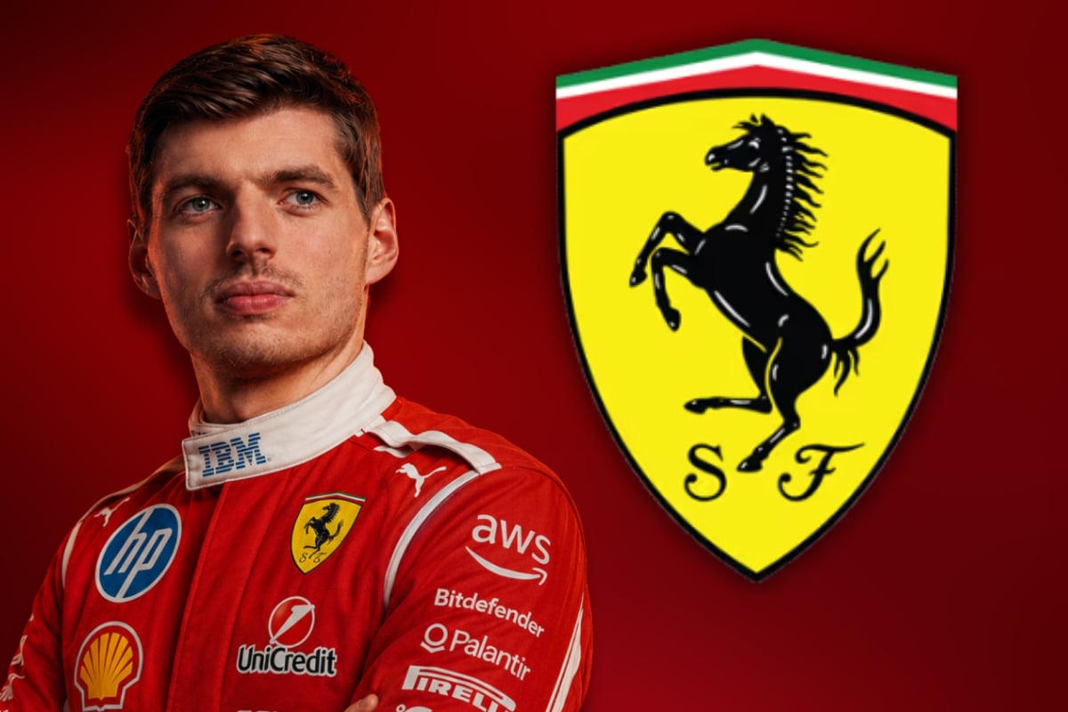 Max Verstappen is cropped in Ferrari teamwear next to a Ferrari logo