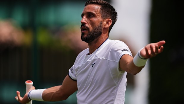 Damir Dzumhur argues with the chair umpire.