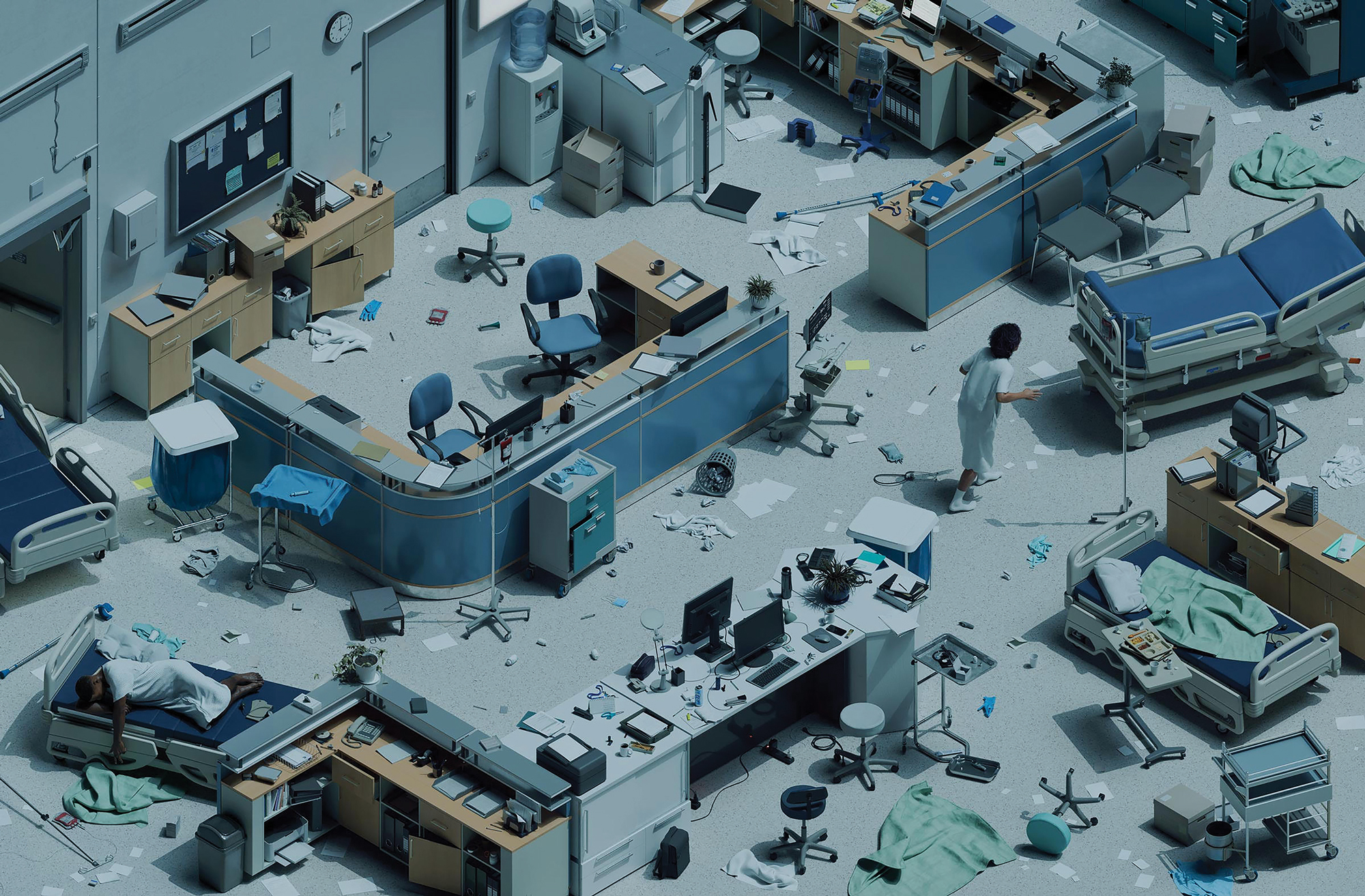 A 3-D illustration of a hospital in disrepair with papers strewn everywhere and items on the floor. One patient in a gown lies unattended in a bed. Another patient is wandering the halls.