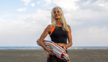 Odette Norman's yoga classes run four times a week, offering a pressure-free environment and expansive sea views. Picture: Noel Sweeney