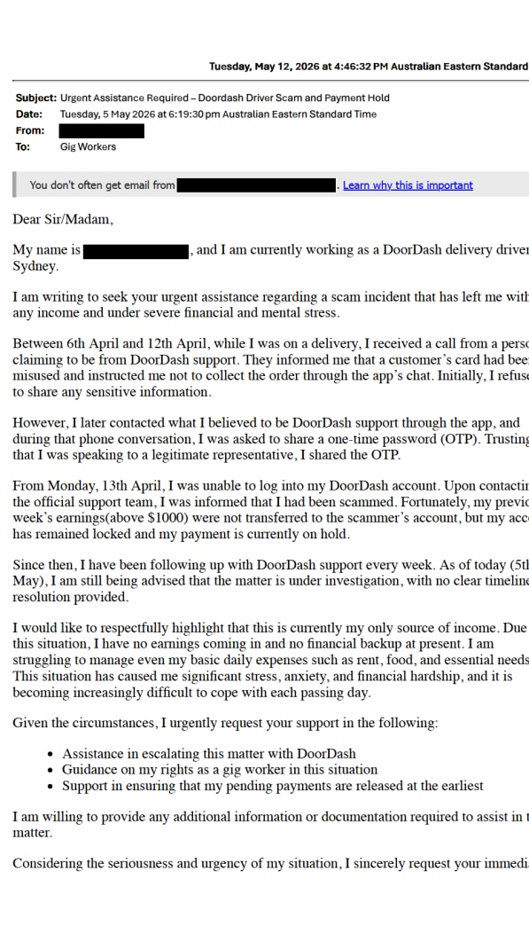 A screenshot of an email requesting assistance after a scam on Doordash