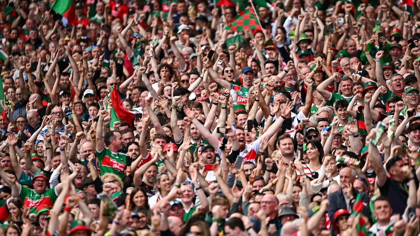 A large crowd of Gaelic football fans in red and green colours celebrated in the stands after a big Mayo win.