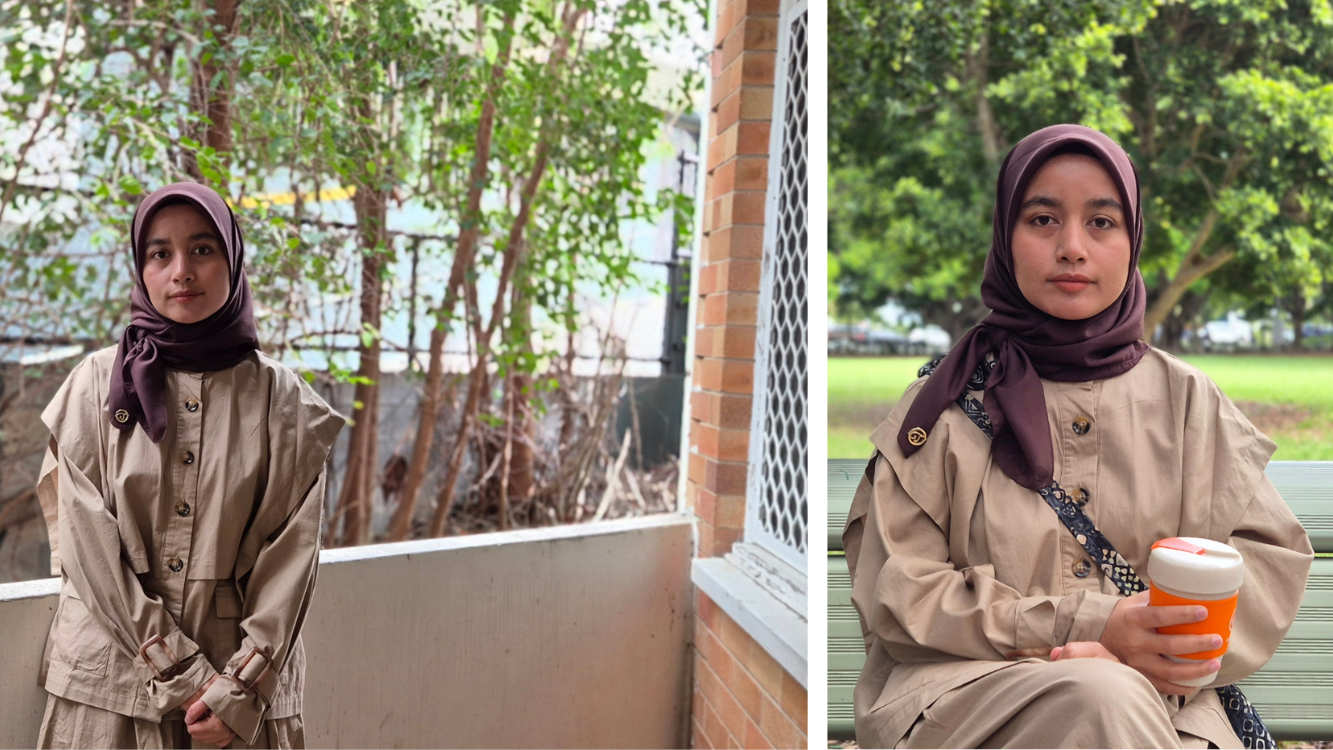 Two images of a young woman wearing a scarf, standing on a small balcony and sitting in a park.