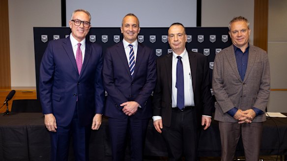 Foxtel chief executive officer Patrick Delaney, outgoing NRL chief executive Andrew Abdo, Australian Rugby League Commission chairman Peter V’landys and Nine chief executive Matt Stanton.