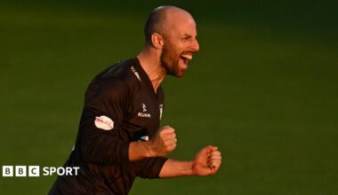 Jack Leach, wearing Somerset's black T20 shirt, celebrates taking a wicket against Worcestershire