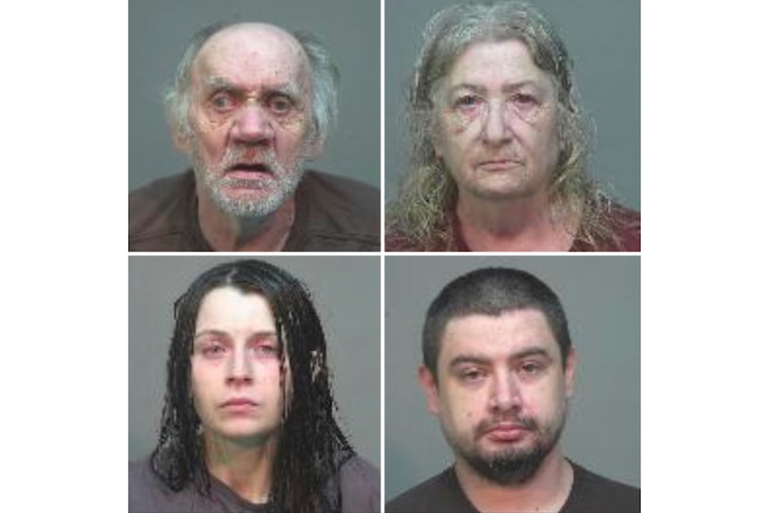 An elderly man, woman, younger woman and man seen in four combined mugshots in black and orange jumpsuits.