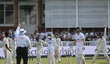India's players celebrate as England's Tammy Beaumont is trapped LBW (leg before wicket) by a ball from India's Kranti Gaud on the first day of the first Women's cricket Test match between England and India at Lord's cricket ground in London, on July 10, 2026. (Photo by JUSTIN TALLIS / AFP) / RESTRICTED TO EDITORIAL USE. NO ASSOCIATION WITH DIRECT COMPETITOR OF SPONSOR, PARTNER, OR SUPPLIER OF THE ECB