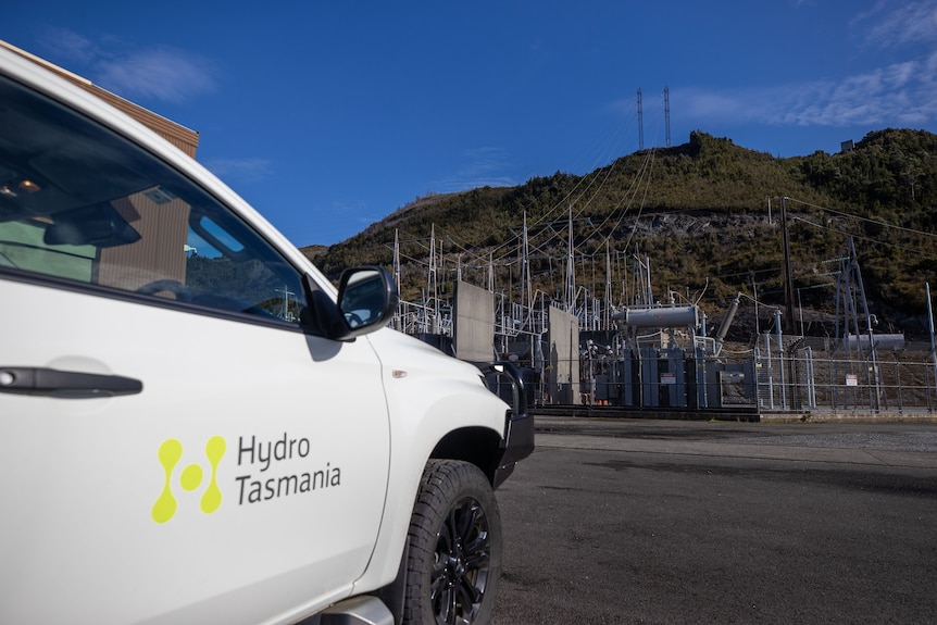 Photos of transmission lines leaving a power station in the Tasmanian wilderness.