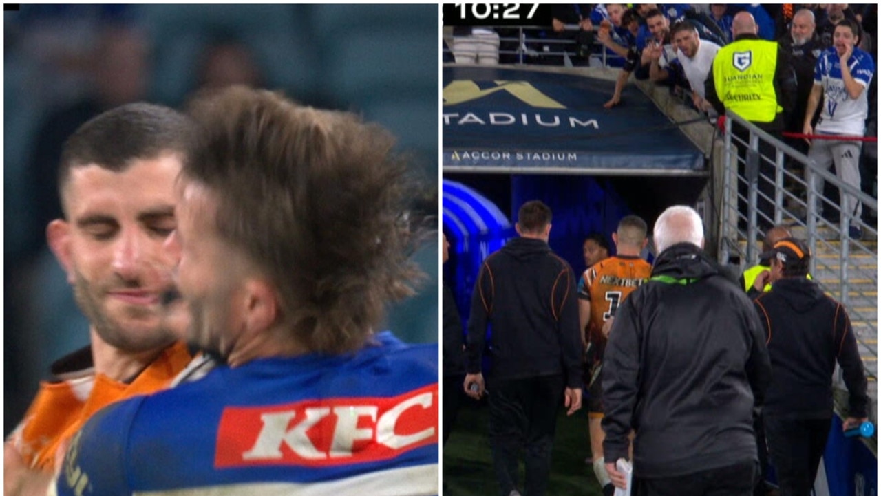 NRL 2026: Alex Twal sin binned for shove to face of Jaeman Salmon, what happened, tempers flare, Bulldogs v Tigers, reaction