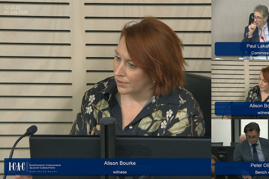 Four panel screen shot of inquiry with woman at centre talking