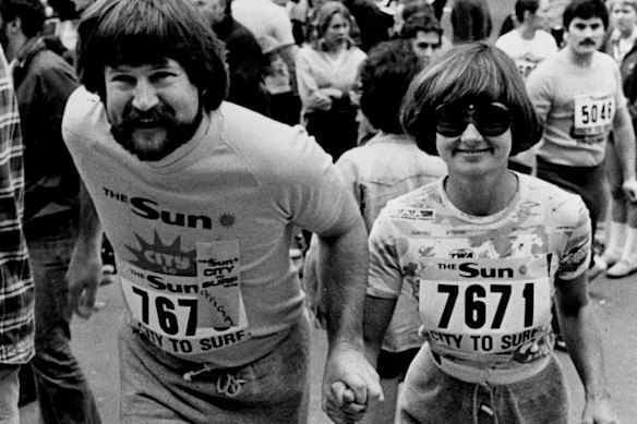 Derryn Hinch, then editor of The Sun in Sydney, and his second wife, Eve Carpenter, running the City-to-Surf in 1976. She finished. He didn’t. 